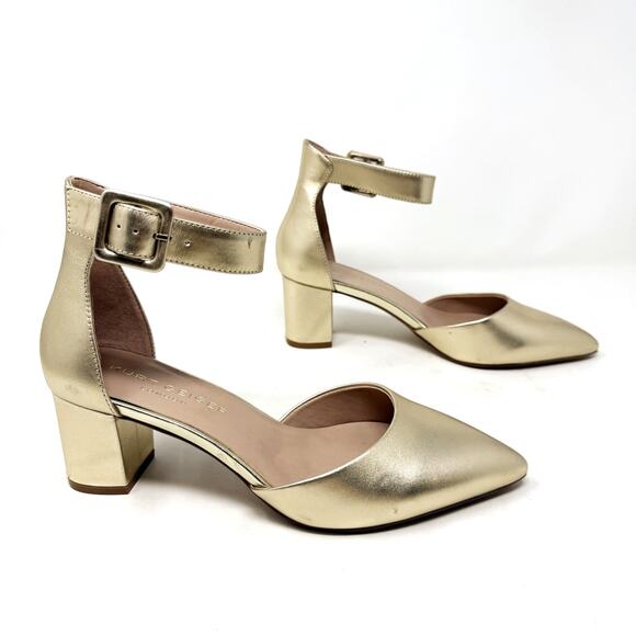 [Kurt Geiger] Gold Metallic Pointed Toe Block Heel Ankle Strap Heels 38.5 US 8 - Picture 1 of 10